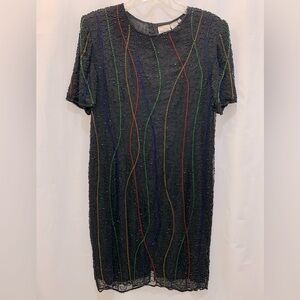 VINTAGE 100% Silk Black Beaded Cocktail Shift Dress size 16 80s 90s Great Gatsby